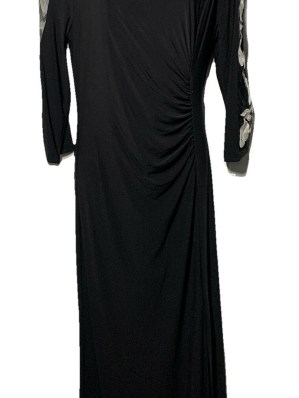 S.L. Fashions Women's Long Ruched Waist Evening Dress Beaded Illusion Sleeve 14